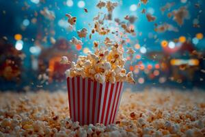 AI generated Delicious popcorn explosion from a classic red and white striped carton box photo