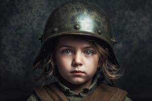 ai generado un joven chico vistiendo un antiguo militar uniforme y casco, curioso dentro el cámara. foto
