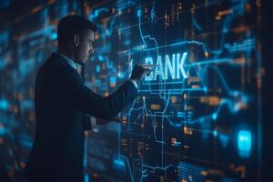 AI generated Elegant businessman in a minimalist setting, interacting with a virtual screen that displays the word 'BANK'. Simplicity and the seamless integration of technology in the business world photo