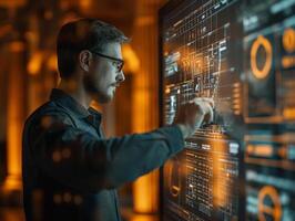 AI generated Minimalist and sleek online banking concept, a man interacting with a clean, touch screen interface, surrounded by subtle and elegant currency symbols photo