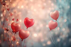 ai generado un caprichoso San Valentín día fondo, adornado con flotante rojo y rosado globos conformado me gusta corazones foto