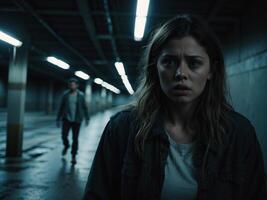 AI generated A woman and a man are in a dark underground parking garage. The woman looking worried, and the man is in the background, looking aggressive. There are a few lights on photo