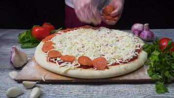 Timelapse - The process of making pizza. Frame. Fresh original Italian raw pizza, preparation in traditional style. Hand of chef baker in uniform adding spice into pizza after preparation at video