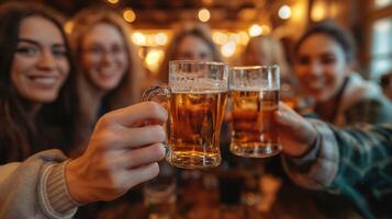 ai generado un acogedor, tradicional irlandesa pub con un grupo de amigos reunido alrededor, levantamiento su lentes para un tostada. el escena es dinámico, con rústico de madera interiores y céltico música foto