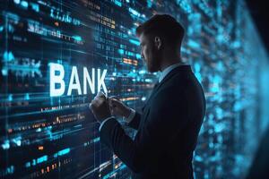 AI generated Elegant businessman in a minimalist setting, interacting with a virtual screen that displays the word 'BANK'. Simplicity and the seamless integration of technology in the business world photo
