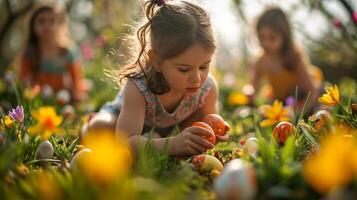 AI generated Joyful stock photo of a family Easter egg hunt in a blossoming spring garden, with children searching for colorful eggs among flowers, symbolizing the fun and excitement of the holiday