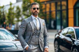 AI generated A man in a grey suit and sunglasses stands in front of two cars. photo