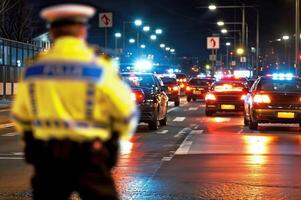 ai generado policía oficiales dirigente tráfico fluir y gerente el secuelas de un la carretera accidente, destacando su papel en mantener orden y minimizando interrupciones foto