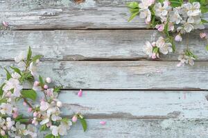 AI generated Shabby chic wooden texture with spring flowers on right to use as background photo