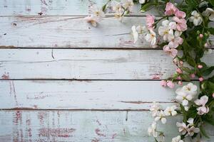 ai generado desgastado elegante de madera textura con primavera flores en Derecha a utilizar como antecedentes foto