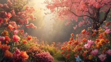 AI generated A springtime field filled with a variety of flowers like tulips, daffodils, and cherry blossoms, showcasing an array of bright pinks, yellows, and purples. photo