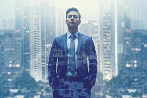 AI generated A businessman in a suit stands with his hands in his pockets, looking off to the side. He is superimposed over a cityscape. photo