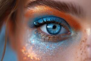 AI generated A creative and artistic eye shadow makeup look, featuring a bold and imaginative blend of colors and textures, from glittering accents to smooth mattes photo