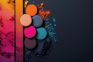 AI generated A bold and colorful arrangement of eye shadows crafted , highlighting the texture and hues of the makeup, set against a simple backdrop to emphasize the design, creative and fashionable photo