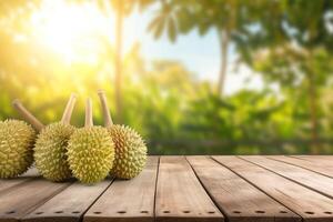 AI generated Fresh fruit durian on wood floor table with durian plantation background. King of fruit in thailand. Golden durian fruits concept. photo