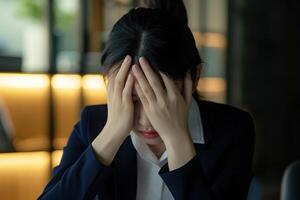 ai generado Deprimido tristemente grave asiático negocio mujer teniendo Estresante depresión triste hora trabajando en ordenador portátil en oficina mesa. depresión mujer triste serie mental salud desde trabajando concepto. foto