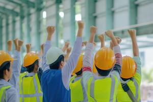 AI generated Back view. Group of industrial warehouse worker in and safety suite celebrating or raise hands pose successful or deal commitment. Logistics and warehouse business.Teamwork unity concept. photo