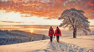 ai generado un Pareja en rojo chaquetas camina en el nieve, participación manos. ellos son en frente de un árbol y un puesta de sol. foto