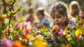 AI generated Joyful stock photo of a family Easter egg hunt in a blossoming spring garden, with children searching for colorful eggs among flowers, symbolizing the fun and excitement of the holiday