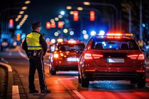 AI generated Police officers directing traffic flow and managing the aftermath of a road accident, highlighting their role in maintaining order and minimizing disruptions. photo