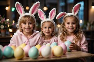 AI generated Candid children wearing bunny ears and painting Easter eggs, their faces lit up with smiles, capturing the innocence and happiness of Easter festivities photo