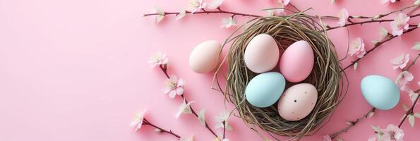 AI generated Elegant and sophisticated Easter web banner suitable for a high-end brand or service. Use a pastel color palette with subtle shades of pink, blue, and cream. photo