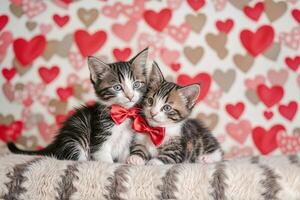AI generated Two adorable kittens wearing red bow ties and cuddling together, set against a heart-patterned wallpaper backdrop. These images capture a cute and affectionate scene photo