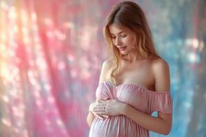 AI generated A serene portrait of a pregnant woman cradling her belly, soft pastel background in shades of pink and blue, gentle and loving expression, minimalist and elegant photo