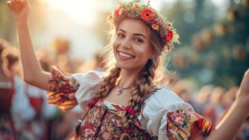 ai generado festivo escena de un mujer celebrando Oktoberfest. ella es vistiendo un tradicional falda acampanada, bailando o girando, con accesorios me gusta un flor corona y cerveza jarra foto