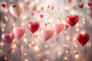 AI generated A whimsical Valentine's Day background, adorned with floating red and pink balloons shaped like hearts photo