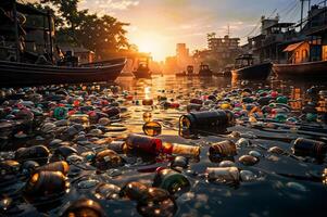 AI generated The image shows a rivers surface filled with is heavily polluted with a multitude of plastic bottles and other waste photo