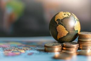 ai generado un globo siguiente a un apilar de monedas, simbolizando el global economía y el impacto de financiero decisiones en el mundo foto