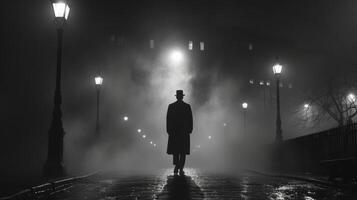 ai generado un inspirado en el cine negro cinematográfico escena con un detective discretamente siguiendo un sospechar a noche. el ajuste es un urbano paisaje, tenuemente iluminado por calle lámparas foto