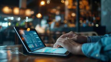 AI generated Man hand using online banking on tablet screen device in cafe, a clear focus on the screen displaying financial graphs and icons, in a modern photo