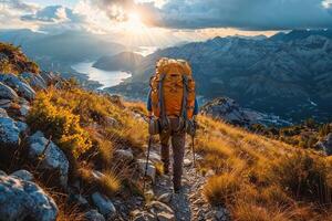 AI generated An adventurous local travel content creator hiking through a scenic trail near their hometown, showcasing the natural beauty , enthusiastic and explorative photo