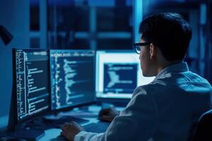 AI generated Software develper man wearing glasses working coding Write a program develope AI application on laptop at home office. photo