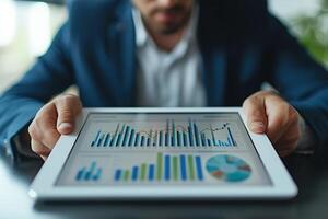 AI generated Professional analyzing colorful statistical data graphs on a digital tablet, highlighting business analytics and performance metrics. Man using tablet to work. photo