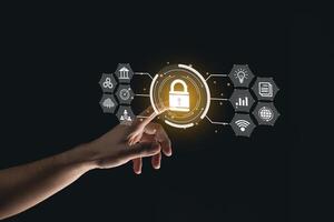 Close up woman hand touching virtual screen login to access, information security and encryption, secure access user's information, Internet access, cybersecurity. Cyber security technology concept. photo