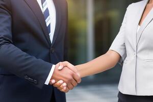 AI generated Close up of hands. Business real estate concept. Estate agent shaking hands with his customer after contract signature for loan or sell house. photo