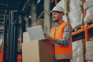 AI generated Industrial warehouse team engineer or worker man using laptop scanner checking goods and box shelf stock and sitting on floklift in the warehouse factory store, counting check stock. photo