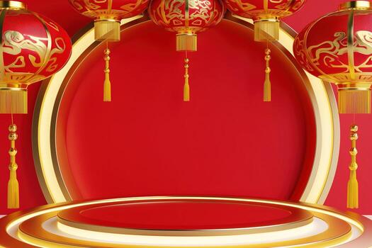 AI generated Chinese day concept. Red and 3D cylinder stand podium with red circle overlap backdrop. Products showcase, Promotion display. Abstract studio room platform. Happy Chinese lantern day. photo