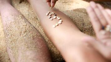 Female hands collect pattern of shells and sand, close up. Video. Pieces of amber and seashells in female hands on a background of sand. Girl plays with shells and sand sitting on the beach. video