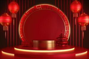 AI generated Chinese day concept. Red and 3D cylinder stand podium with red circle overlap backdrop. Products showcase, Promotion display. Abstract studio room platform. Happy Chinese lantern day. photo