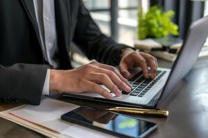 AI generated Close up. hand's business man wearing suit typing and working on laptop computer on wooden table at home office. Entrepreneur man working for business at home office. Working technology. photo