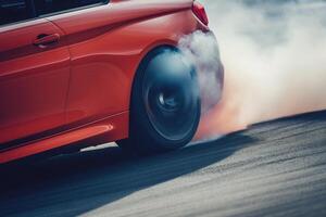 AI generated professional driver drifting racing car on road at race track, Race car drift on race track have smoke photo