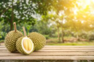 ai generado Fresco Fruta Durian en madera piso mesa con Durian plantación antecedentes. Rey de Fruta en tailandia dorado Durian frutas concepto. foto