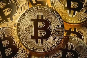 AI generated Bitcoin gold coin and defocused chart background, cryptocurrency bitcoin halving concept. The economic growth and basic financial investment business , Technology and cryptocurrency. photo