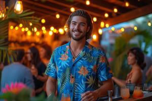 AI generated A charismatic bartender wearing a blue Hawaiian shirt at a vibrant city rooftop bar with a tropical theme. photo