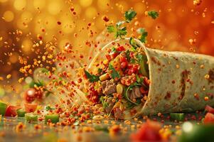 AI generated Advertisement for burritos, featuring a tantalizing burrito bursting with fresh ingredients, set against a vibrant and lively background, spotlight flavor and freshness photo