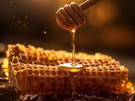 AI generated A honeycomb is being drizzled with honey from a honey dipper. photo